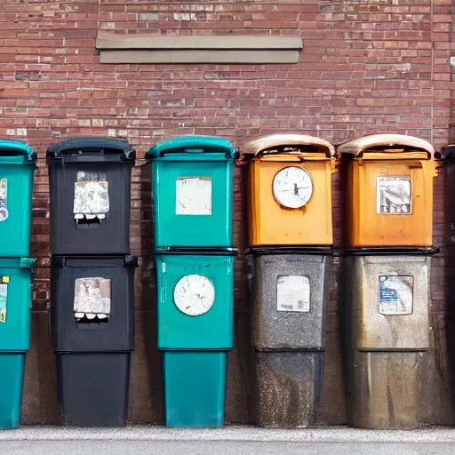 Image similar to recycling bins full of clocks on the street 4 k realistic