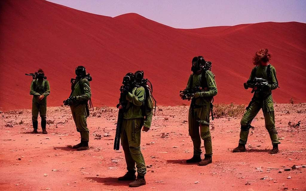 Prompt: in a dusty red desert, a team of five people in dark green tactical gear like death stranding, look into the distance. They 're afraid. mid day, heat shimmering, color, 35mm film photography