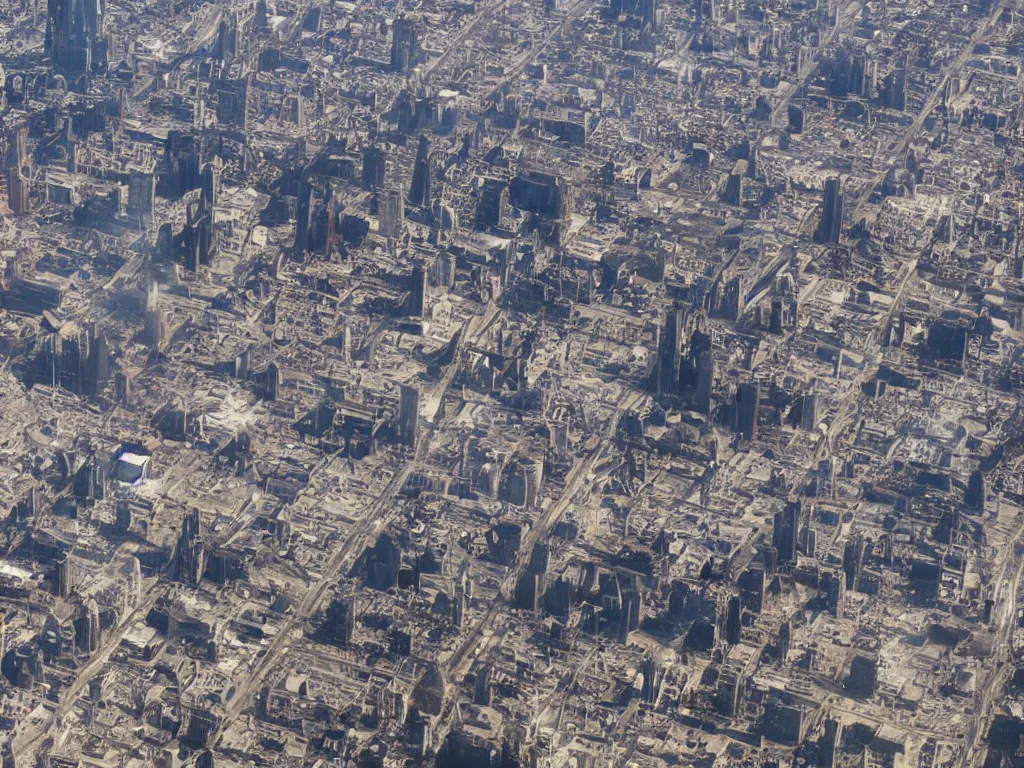 Image similar to city is being destroyed by a falling meteor, view from above, explosion, shreds, ruins