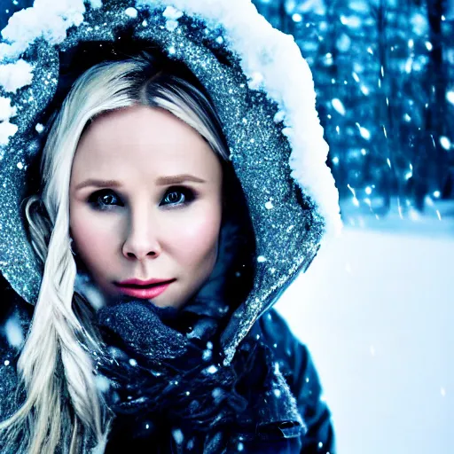 Image similar to Kristen Bell as a snow goddess covered in snow, grungy, unkept hair, glowing eyes, winter, modelsociety, radiant skin, huge anime eyes, RTX on, bright on black, dramatic, studio lighting, perfect face, intricate, Sony a7R IV, symmetric balance, polarizing filter, Photolab, Lightroom, 4K, Dolby Vision, Photography Award