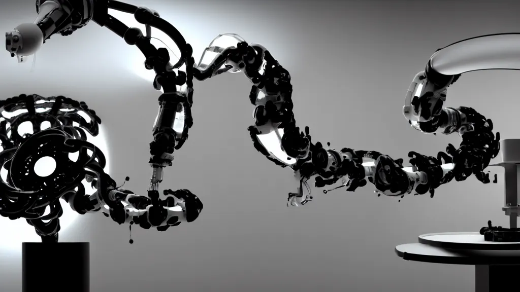 Image similar to a complex bifurcated robotic cnc surgical arm hybrid mri 3 d printer machine making swirling black and white ceramic mandlebulb mutant forms in the laboratory inspection room, film still from the movie directed by denis villeneuve with art direction by salvador dali, wide lens, f 3 2, cinematic lighting, studio quality, smooth render, unreal engine 5 rendered, octane rendered