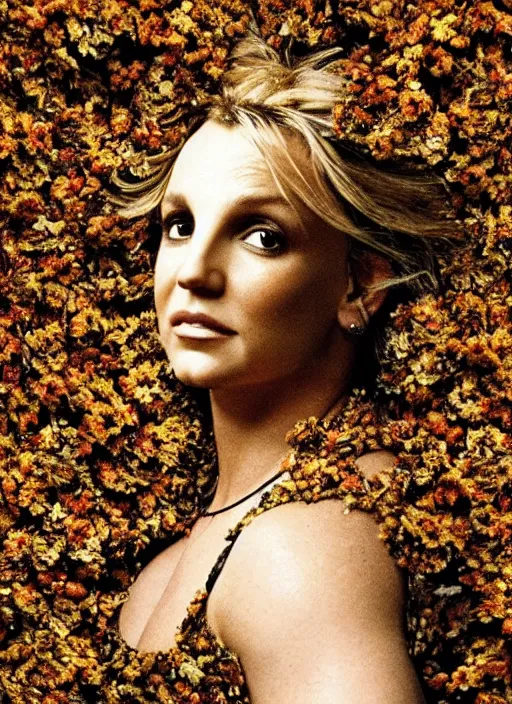 Prompt: Britney spears face in profile, made of dried flowers, in the style of Rembrandt and Gregory Crewdson, dark and moody