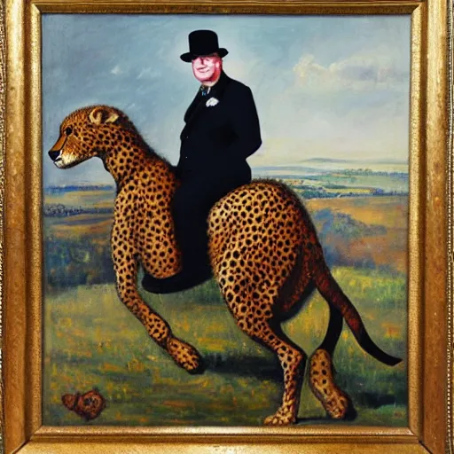 Prompt: Classical oil painting of Winston Churchill riding a cheetah, artwork