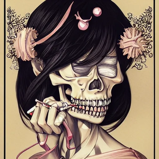 Prompt: anime manga skull portrait young woman blowing bubblegum, skeleton, intricate, elegant, highly detailed, digital art, ffffound, art by JC Leyendecker and sachin teng