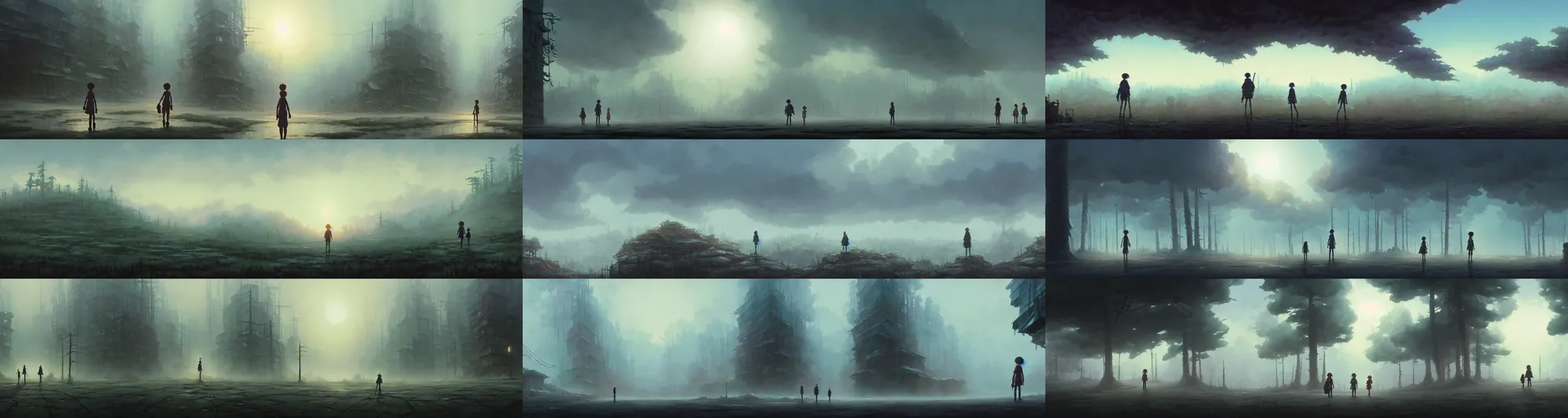 Prompt: a wholesome animation key shot of a random foggy postapocalyptic panorama, studio ghibli, pixar and disney animation, sharp, rendered in gouache painting, anime gouache key art by greg rutkowski, bloom, dramatic, dynamic lighting