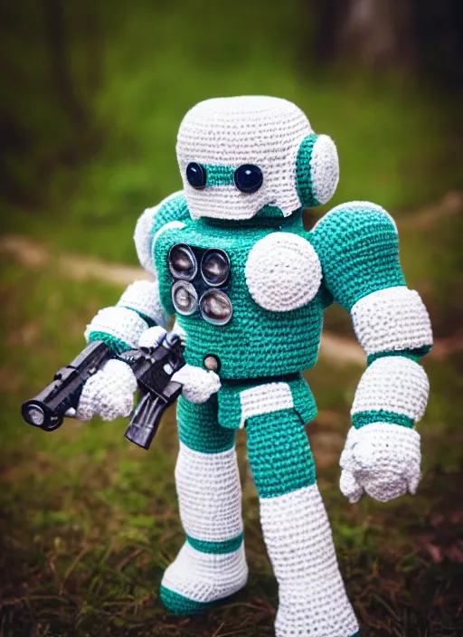 Prompt: a crochet mecha, holding a gun, realistic, no cropping, full body, Sigma 50 mm f/1.4