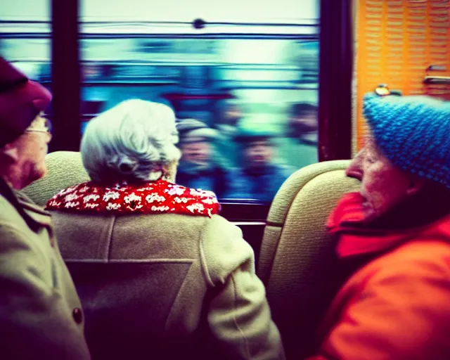 Image similar to a lomography photo of rumble between two grandmoms in soviet train this morning, bokeh,