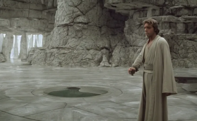 Image similar to screenshot of master Luke Skywalker alone in a a Jedi Temple, objects floating around him, iconic scene from the 1970s thriller directed by Stanely Kubrick film, color kodak, ektochrome, anamorphic lenses, detailed faces, moody cinematography