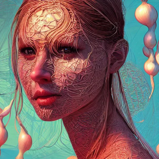 Image similar to the portrait of an unbelievably beautiful woman partially made of onions of all colors, an ultrafine detailed illustration by james jean, final fantasy, intricate linework, bright colors, behance contest winner, vanitas, angular, altermodern, unreal engine 5 highly rendered, global illumination, radiant light, detailed and intricate environment