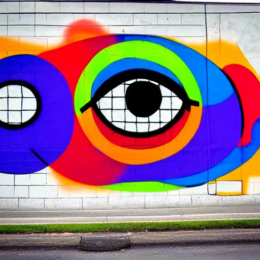Image similar to wall with graffiti of man with one eye made with colored circles and lines, by Julien Durix