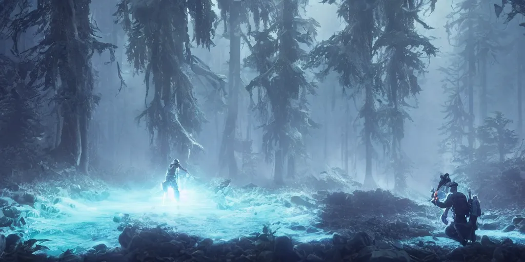 Image similar to gamekeeper hunting for mystical forest monster. realism in style of fornite game. bio luminescent, plasma, ice, water, wind, creature, artwork by tooth wu and wlop and beeple and greg rutkowski, epic cinematic shot, perfectly defined features, ambient occlusion