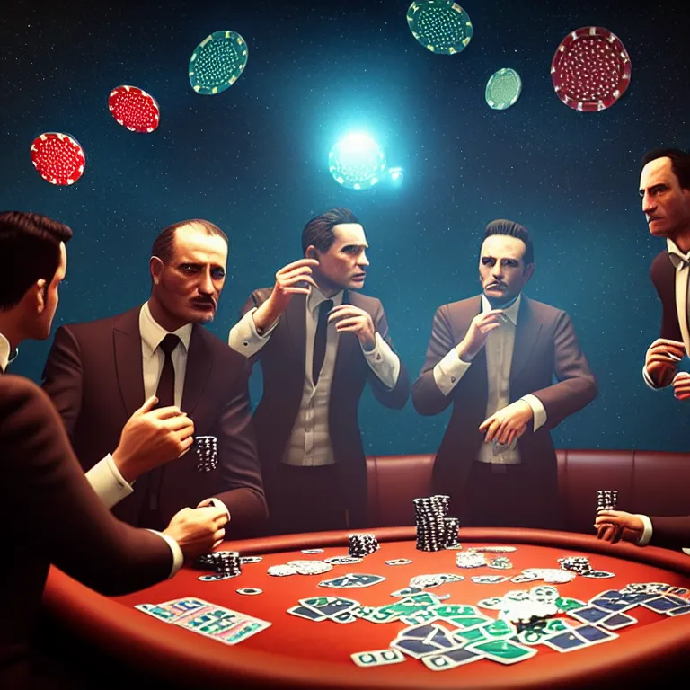 Prompt: Three mafiosi playing poker in open cosmos, star systems are visible in the background. Extremely high details, realistic, fantastic octane render, cinematic, hyperrealism, 8k, masterpiece