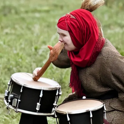 Image similar to a babushka playing drums while sitting on a wildebeest