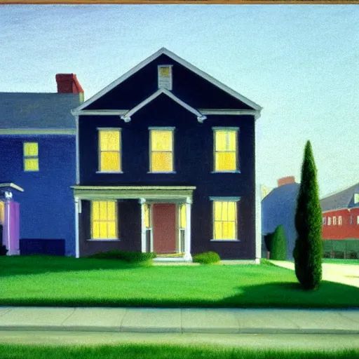 Image similar to suburban american neighborhood on early morning with mist over the houses, painting by edward hopper, illustration, 4k, high quality, 1980, pastel colors, film grain,