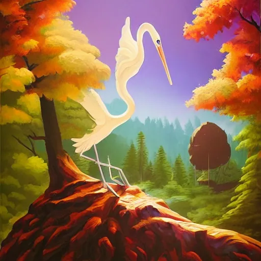 Image similar to an acrylic painting of a giant stork on a fishing pole on a wizard in the woods by a demon tree,, poster art by rhads, behance contest winner, psychedelic art, cosmic background