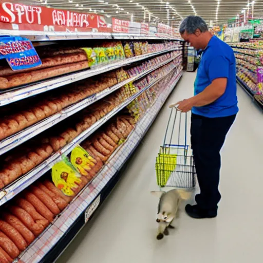 Prompt: photo of a pig shopping for sausages in WalMart