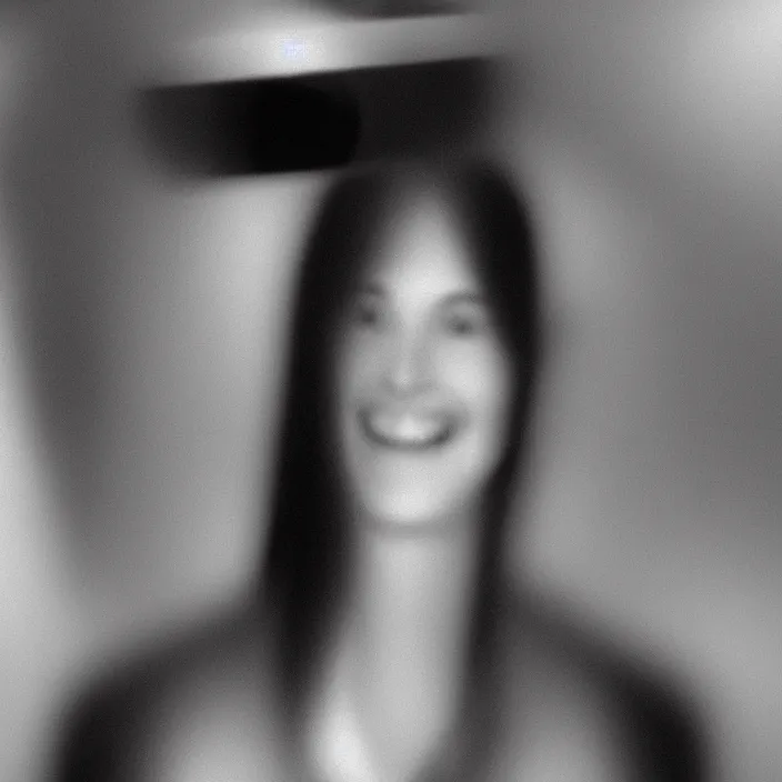 Image similar to cctv footage of an uncanny figure smiling at the camera, creepy