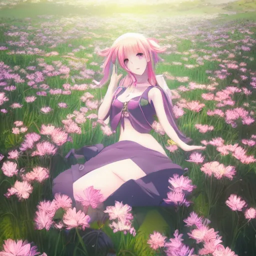 Prompt: portrait of the girl relaxing at the floss flower field, anime fantasy illustration by tomoyuki yamasaki, kyoto studio, madhouse, ufotable, square enix, cinematic lighting, trending on artstation