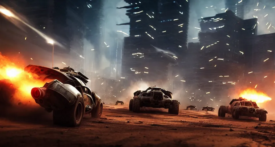 Image similar to macro closeup photo of halo warthogs being chased in a post apocalyptic city, 3 pm, smoke, dust, embers, mad max, action, speed, rocket league, volumetric lighting, hdr, need for speed, gta 5, ridley scott, syd mead, craig mullins, cinematic, octane
