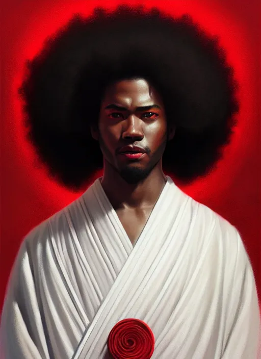 Image similar to photographic portrait of an handsome young black man with an afro and red eyes in a kimono, atmospheric lighting, elegant, highly detailed, digital painting, artstation, concept art, sharp focus, star wars, illustration, art by artgerm and greg rutkowski