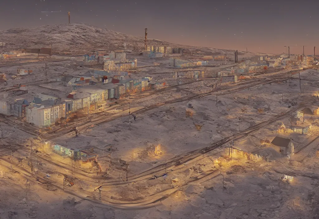 Image similar to accidentally wes anderson award - winning street photograph of a cosmic lunar norilsk russian city on moon, art by greg rutkowsky, trending on artstation, cinematic lighting, filmic grain, golden hour, detailed, 4 k