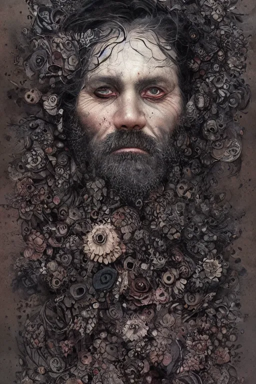 Image similar to portrait of hairy old man with aquarelle painted skin. close up. very dark black hair, large eyes. intricate dark flowers pattern on background, high detail, by Peter mohrbacher