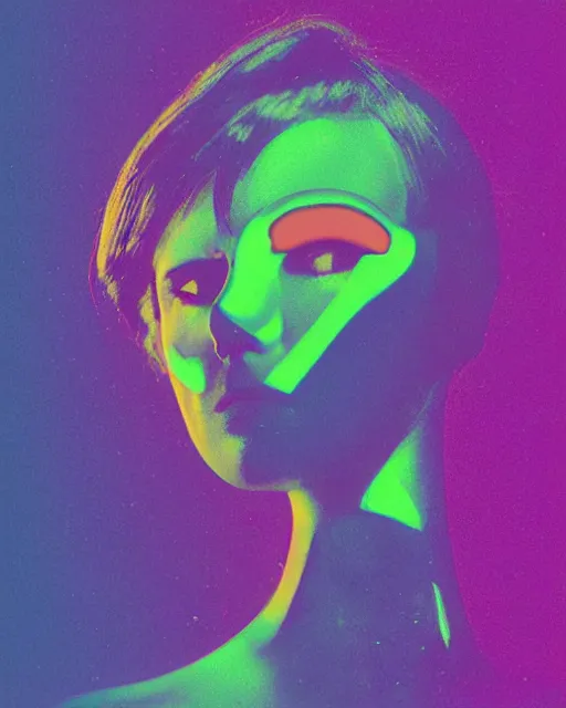 Image similar to cut and paste, featureless surprised robotic woman's face, sharp bob hair, dark makeup, violet and yellow and green and blue lighting, polaroid photo, 1 9 8 0 s, atmospheric, whimsical and psychedelic, grainy, expired film, super glitched, corrupted file, ghostly, bioluminescent glow, sci - fi, twisty