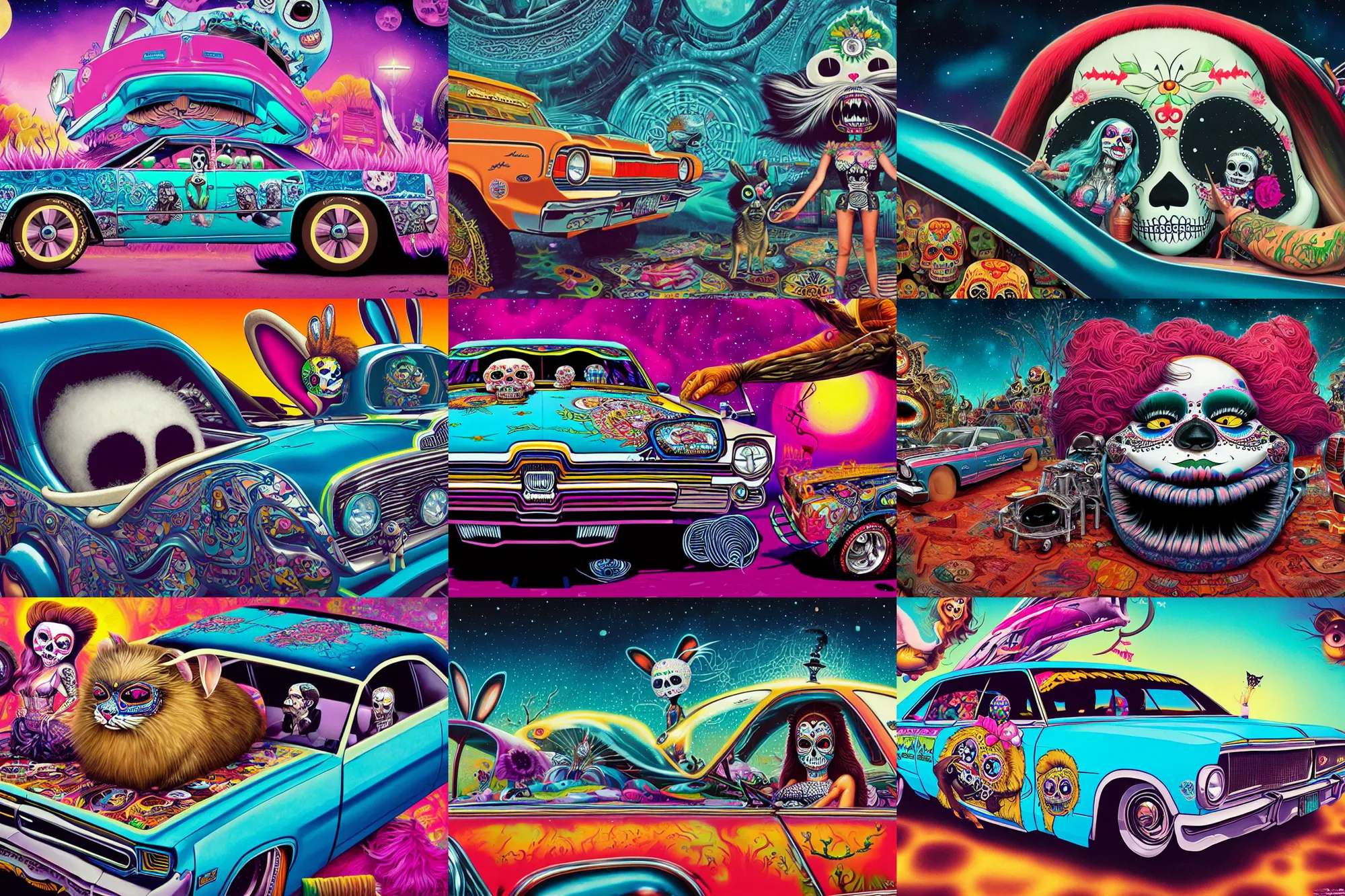 Prompt: closeup of a amc marlin lowrider driven by a cute fluffy female bunny in a dia de los muertos face makeup, in a quantum wormhole, juxtapoz, heavy metal magazine, gary baseman, dan mumford, pedro correa, mad magazine, matte sharp painting