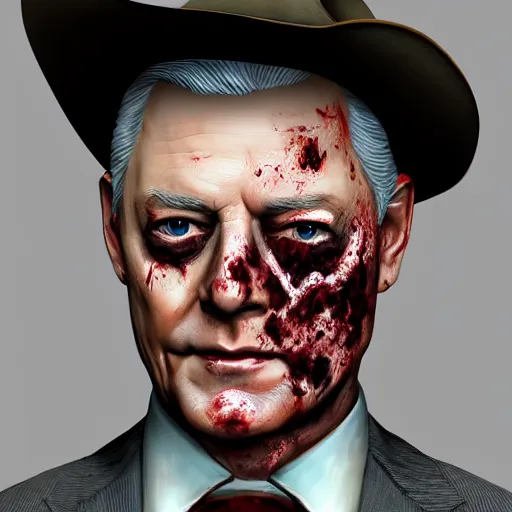 Prompt: j. r. ewing from dallas as a zombie with cuts on face, 7 days to die zombie, fine art, award winning, intricate, elegant, sharp focus, cinematic lighting, highly detailed, digital painting, 8 k concept art, art by guweiz and z. w. gu, masterpiece, trending on artstation, 8 k