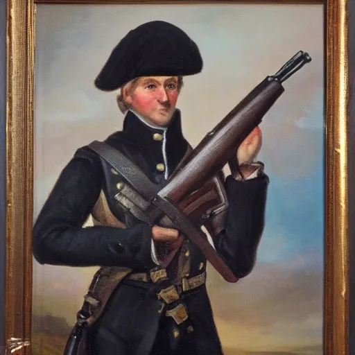 Prompt: 18th century Prussian soldier holding a MP40 submachinegun, oil painting, trending on ArtStation