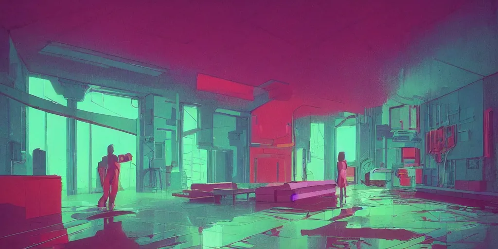 Image similar to 90s interior in the style of Peter Chung, figures, bright fluorescent lights, neon colors, cinematic, cyberpunk, smooth, chrome, lofi, nebula, calming, dramatic, fantasy, by Moebius, by zdzisław beksiński, fantasy LUT, studio ghibli, high contrast, epic composition, sci-fi, dreamlike, surreal, angelic, 8k, unreal engine, hyper realistic, fantasy concept art,