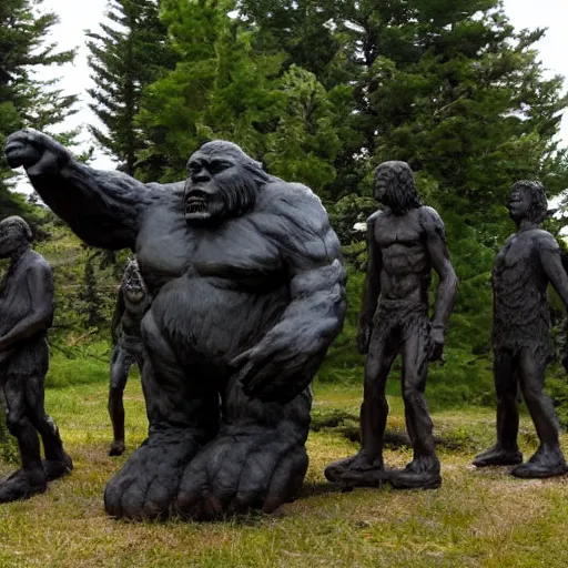 Image similar to group of occultist bowing worshipping a bigfoot statue