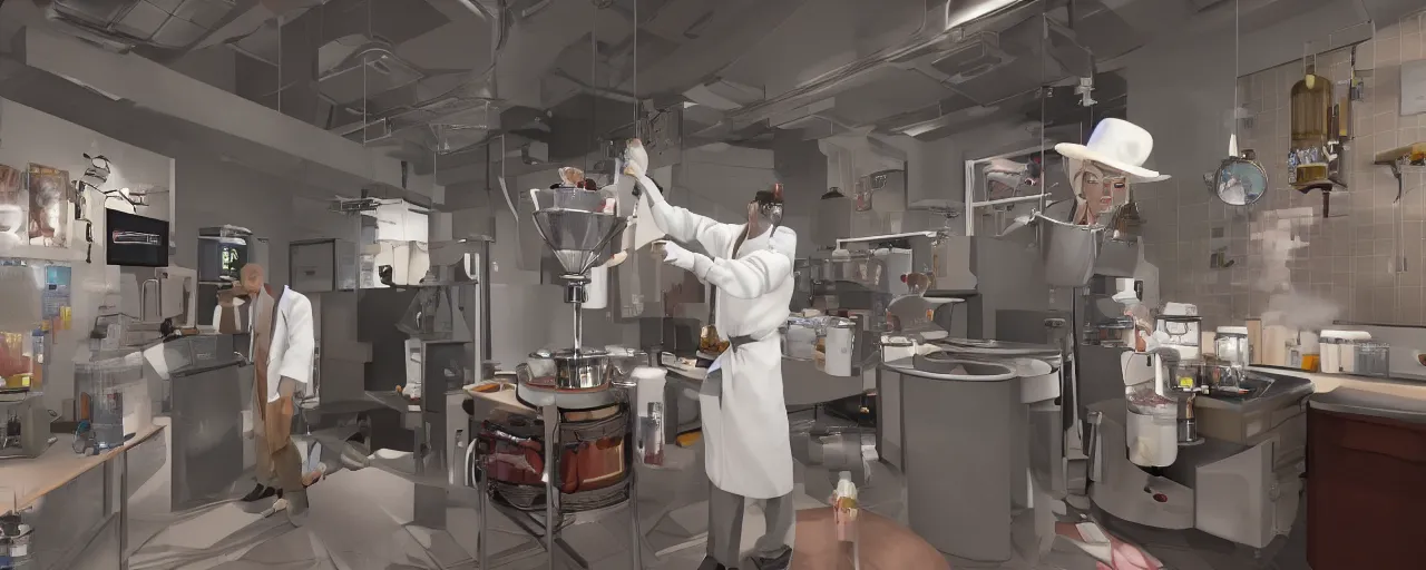 Image similar to a hyper complex drip coffee maker in the 1 9 7 0 s era kitchen, a coffee scientist dressed in a lab coat taste testing the coffee hownosm and james jean, ultimate collab, epic, unreal engine 5, coming to life popping out of the wall 3 d, h 6 4 0