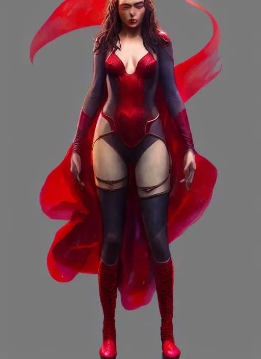 Prompt: Scarlet Witch, full body portrait, hyper detailed, digital art, trending in artstation, cinematic lighting, studio quality, smooth render, unreal engine 5 rendered, octane rendered, art style by klimt and nixeu and ian sprigger and wlop and krenz cushart