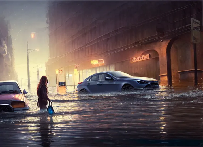 Image similar to cars driving through shallow water, flooded city, people walking through shallow water, muted colors, highly detailed, hyperrealistic, oil painting, intricate, cgsociety, artstation, 8 k, cinematic, soft lighting, by greg rutkowski, by wlop, by artgerm