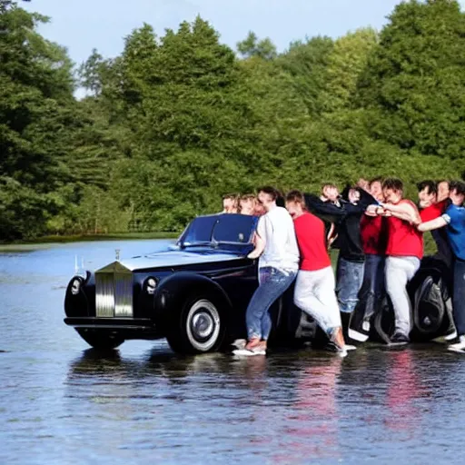 Image similar to Group of teenagers push Rolls-Royce into lake with their hands from a small slide