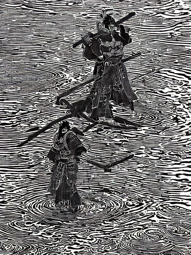 Image similar to old printmaking woodblock print of a intricately detailed samurai with a katana standing in water with ripples around him, a big sun above. beautiful dark fantasy, 8k detail