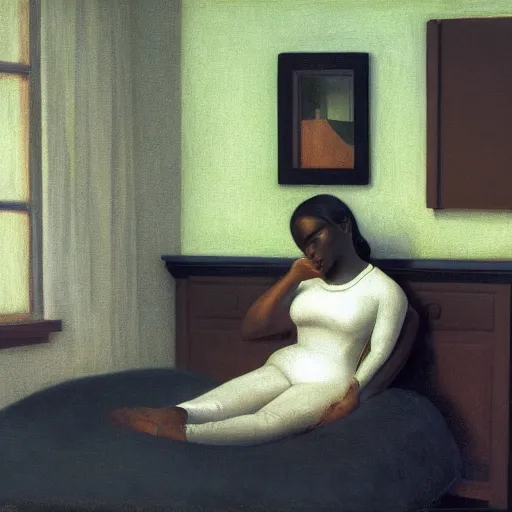 Prompt: a beautiful young black girl in a liminal hotel room, daguerreotype by edward hopper, by henri rousseau, by Bosch, art noveau, highly detailed, strong lights, liminal, eerie, Bright pastel colors, octane render, 8k,