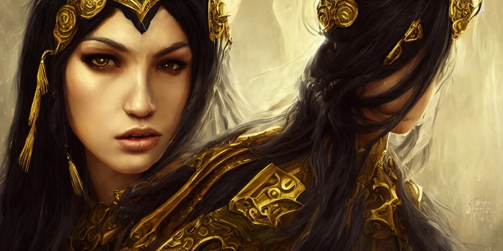 Image similar to portrait of a young beautiful priestess with long black hair weavering golden strings of magic, barroque painting, ultra realistic. cinematic, dynamic. magic the gathering style. epic fantasy, insanely detailed, 4k, symmetrical face, rpg character reference. gourgeous.