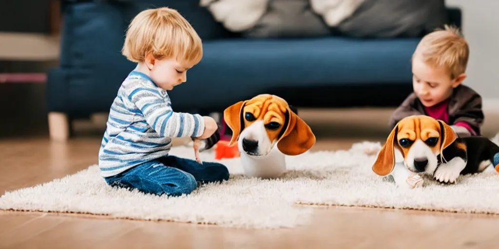 Prompt: toddler playing with pet beagle