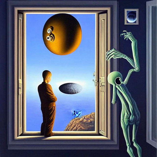 Prompt: an oil on canvas portrait of a man waking up and an alien is looking in through the window, surrealism, surrealist, lovecraftian, cosmic horror, rob gonsalves, high detail