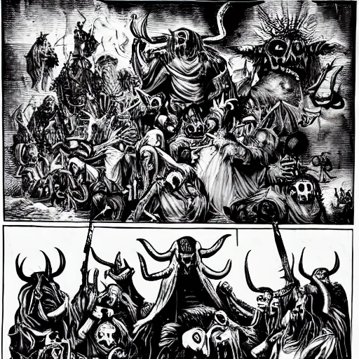 Image similar to an epic scene of blasphemy and abominations, black and white, demons, skulls, death, corpse, devils, unholy,