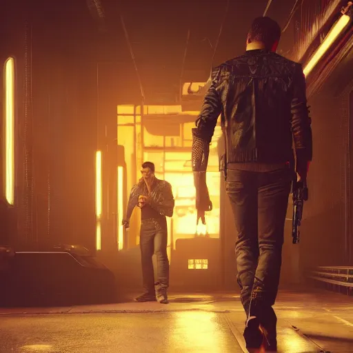 Image similar to a detailed sci fi concept art of an extremely handsome jensen ackles as the terminator walking down a dark alley in cyberpunk 2 0 7 7, holding two sawed off shotguns, volumetric lighting, octane render, 8 k, art by greg rutkowski and albert bierstadt and alphones mucha