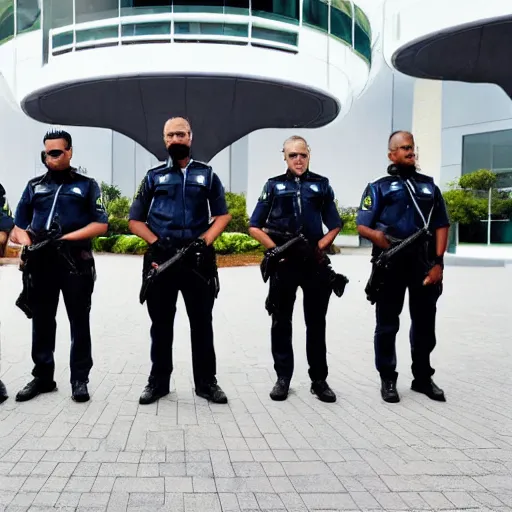 Prompt: a team of futuristic security guards standing for a group photo