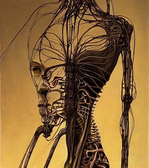 Image similar to portrait of woman connected to biomechanical machine by zdislaw beksinski, beautiful, masterpiece, award - winning, complex