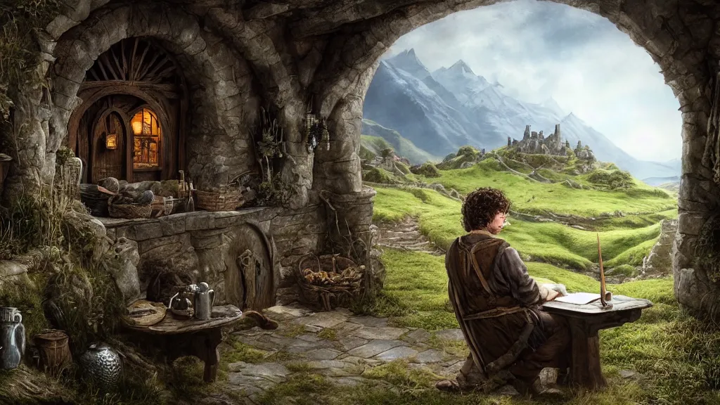 Image similar to frodo writing in his journal in bag end at the end of his journey, hobbiton visible through a window, by alan lee, michal karcz, smooth details, lord of the rings, game of thrones, smooth, detailed terrain, oil painting, trending artstation, concept art, fantasy matte painting