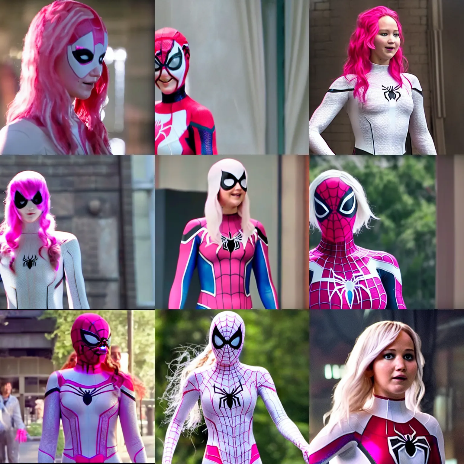 Prompt: Jennifer Lawrence as Spider-Gwen, wearing a white and pink webbed costume, long hair, smiling, film still from Spiderman: Far From Home