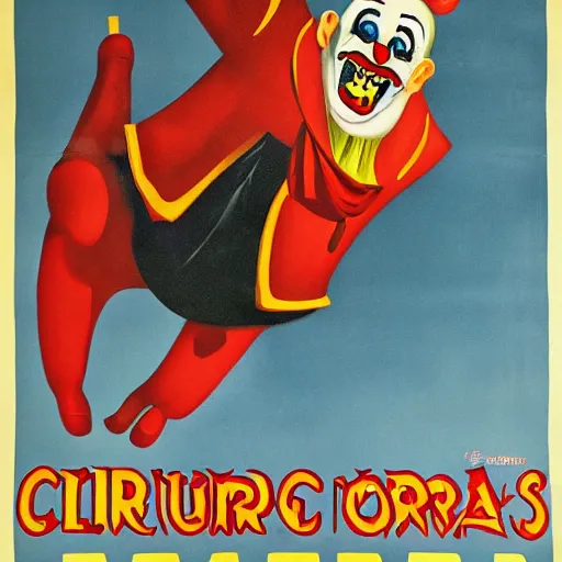 Image similar to poster advertising a circus, printed poster, creepy clown, roaring lion, 1 9 4 0 circus poster