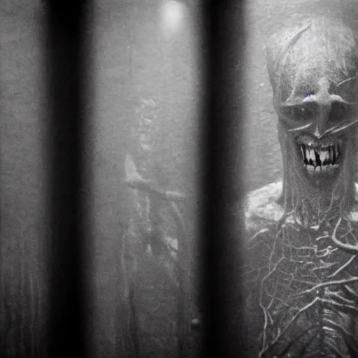 Prompt: a flash photo of creepy wendigo behind foggy glass with an unnatural smile from a horror movie, it is deformed and is staring at the camera from the end of a dark liminal hallway. caught on vhs, film grain, national geographic award winning photography,