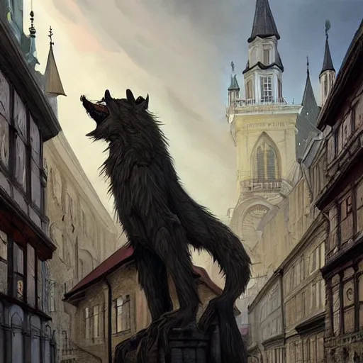 Image similar to werewolf in the city lviv church of st. elizabeth, portrait, highly detailed, full body, digital painting, trending on artstation, concept art, sharp focus, illustration, art by artgerm and greg rutkowski and magali villeneuve